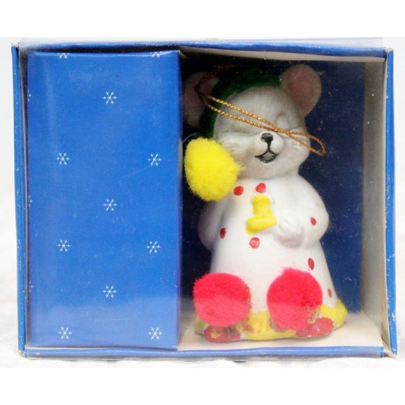 VTG 80s Porcelain Sleepy Christmas Mouse Ornament Bell Pom-Pom Slipper Tree Gift - Picture 8 of 10